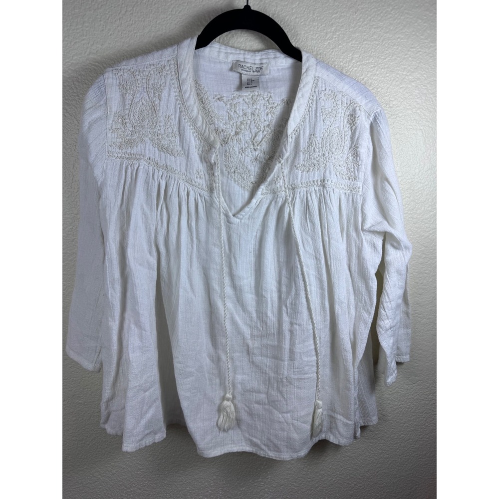 Rachel Zoe White Embroidered Boho Blouse M Cotton‎ Gauze Tassels Cottagecore